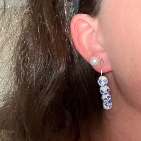 ❤️‍🔥BOGO FREE NEW handmade y2k silver bead hoop drop earrings ceramic white - Picture 2 of 5